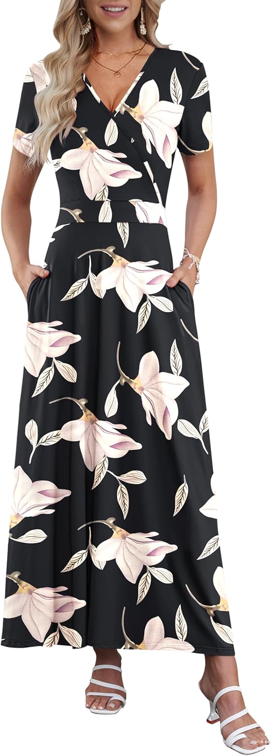 AUSELILY Maxi Dresses for Women Ankle Length Floral Print Beach Long Flowy Dress with Pockets