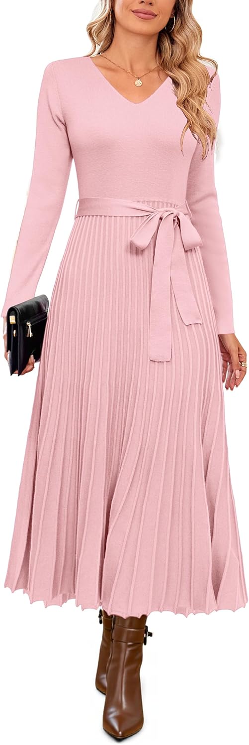 Arach&Cloz Women's Wool Blend Tie Waist Pleated Fall Sweater Dress 2025