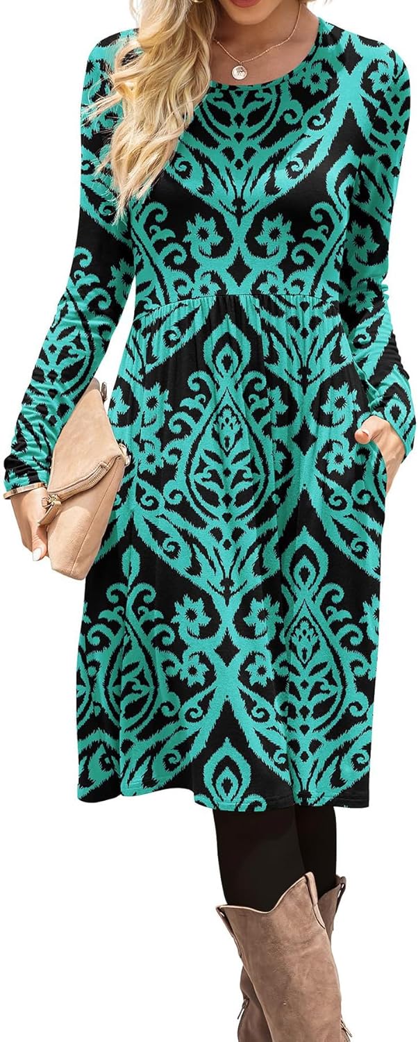 DB MOON Women Casual Long Sleeve Dresses Empire Waist Knee Length Loose Dress with Pockets