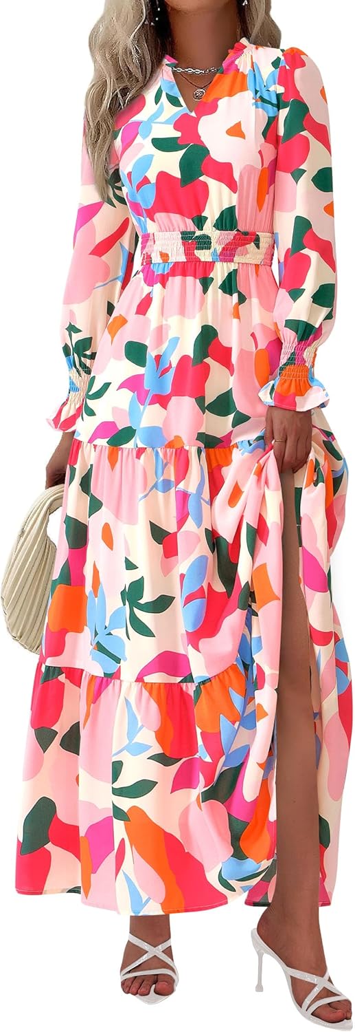 PRETTYGARDEN Women's Floral Maxi Dress 2025 Fall Long Sleeve V Neck Casual A Line Long Flowy Boho Party Dresses
