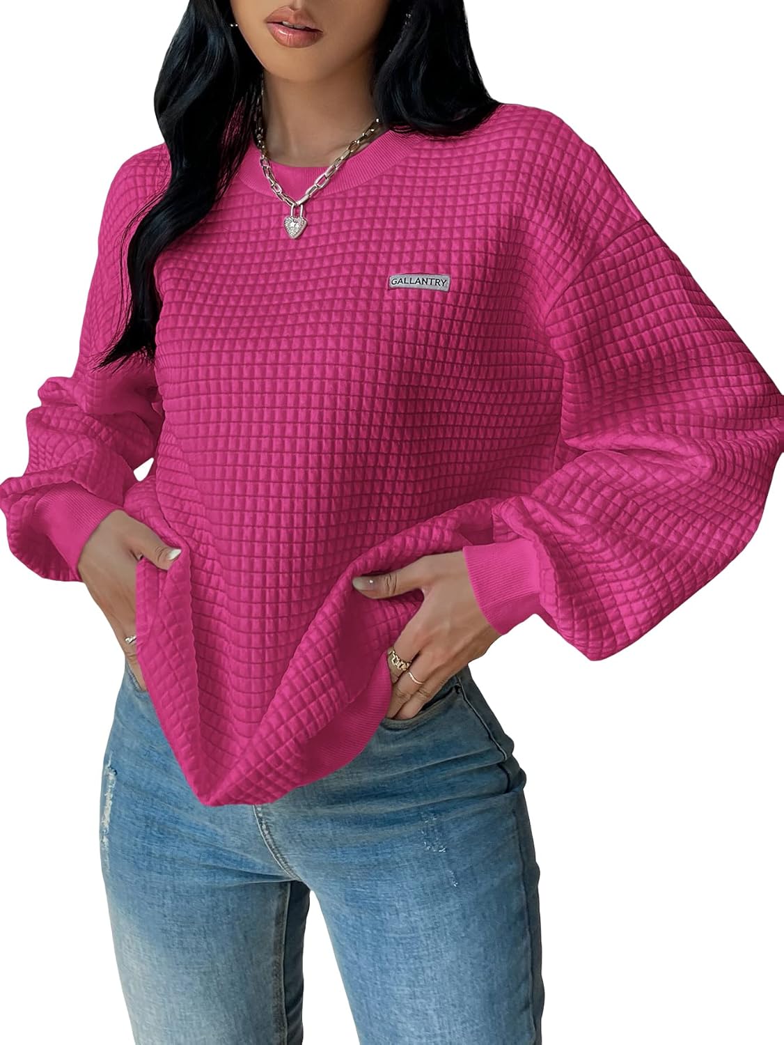 WDIRARA Women's Oversized Waffle Sweatshirt Crewneck Long Sleeve Pullovers