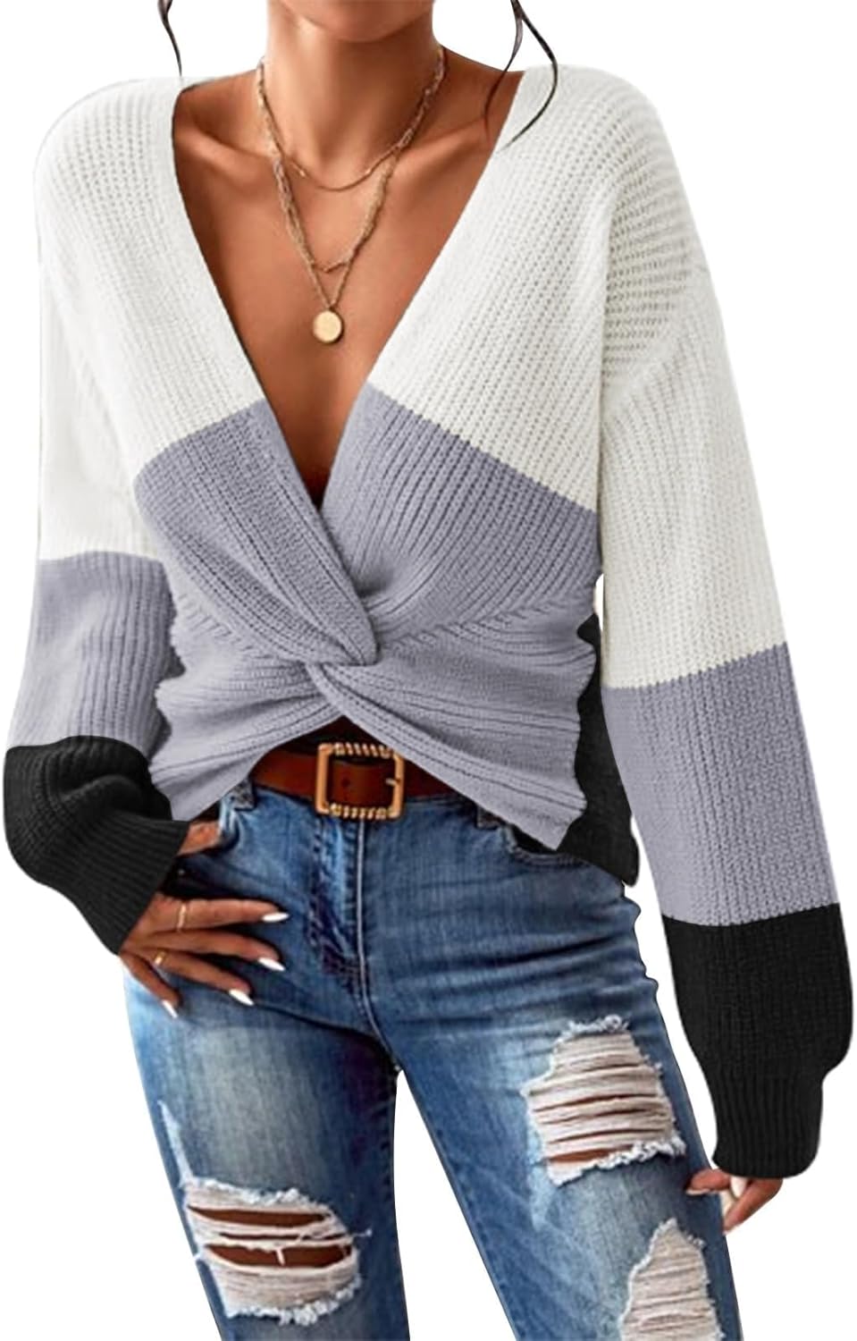 Pink Queen Women's 2025 Casual Pullover Sweaters Sexy V Neck Long Sleeve Twist Knot Cropped Knit Sweater Tops