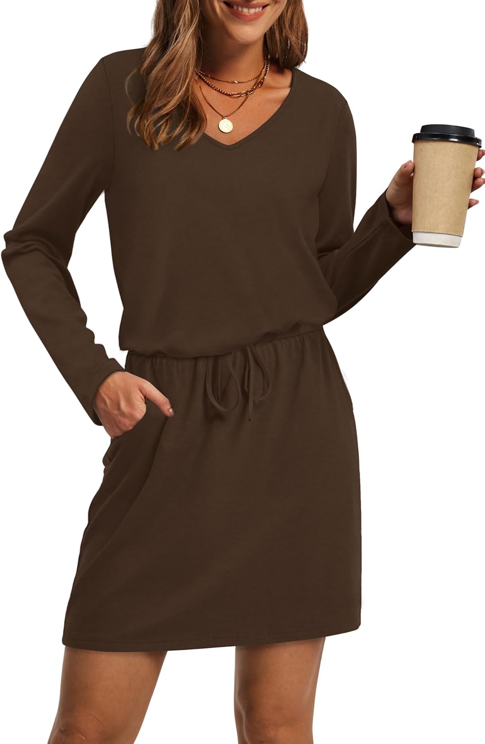 OFEEFAN Fall Dresses for Women 2025 Loose V Neck Long Sleeve T Shirts Casual Sundresses Tie Front A-Line Dresses