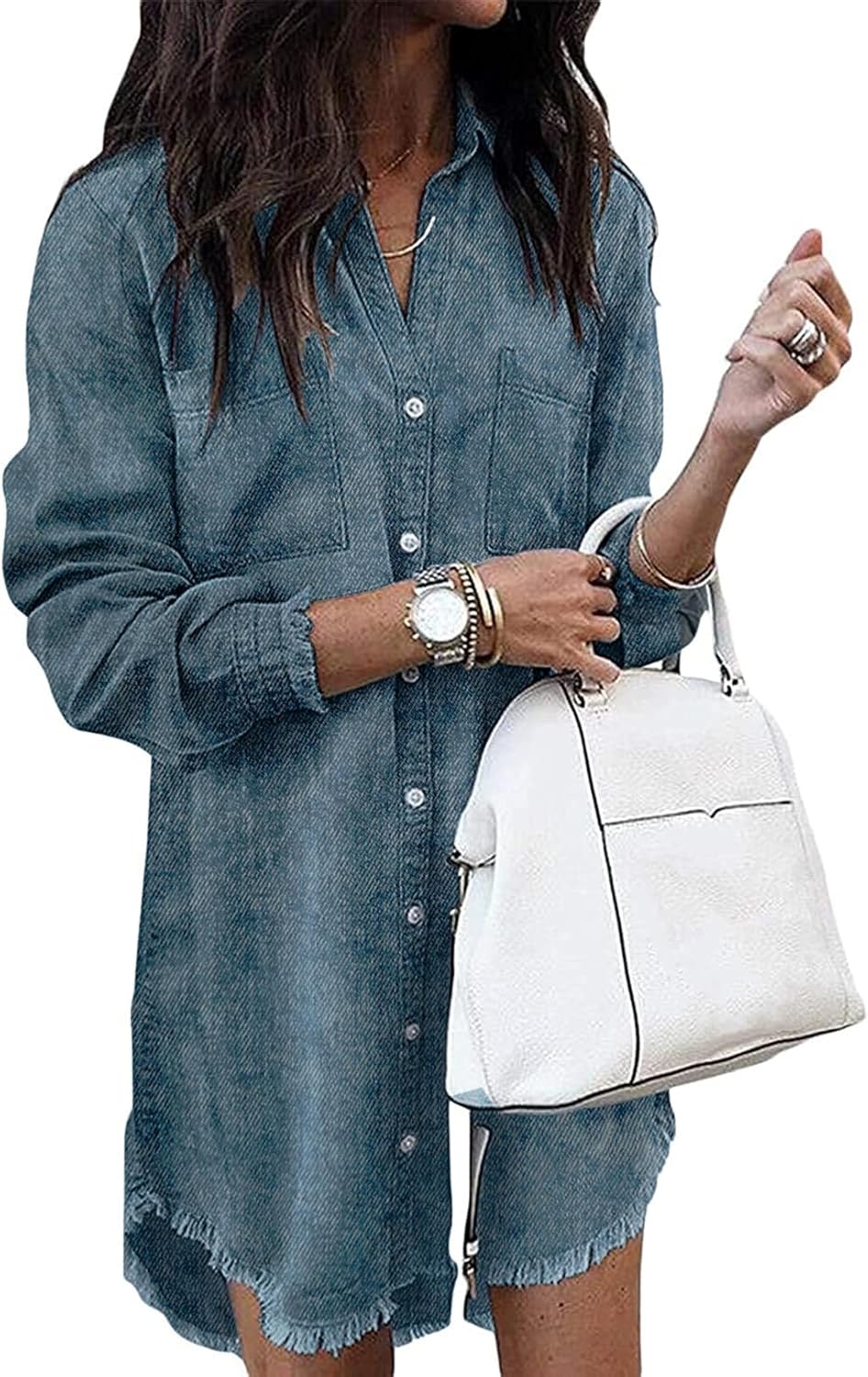 Zilcremo Women Denim Shirt Dresses Long Sleeve Distressed Jean Dress Button Down Casual Tunic Top