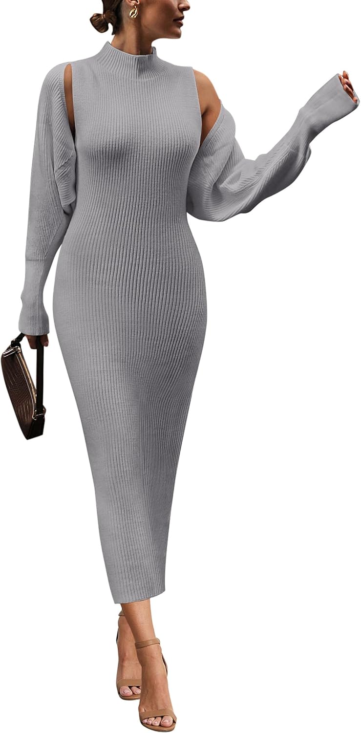 PRETTYGARDEN Women's Fall 2 Piece Outfits Knit Long Sleeve Cropped Cardigan Pullover Sweater Maxi Dress Sets Winter Clothing