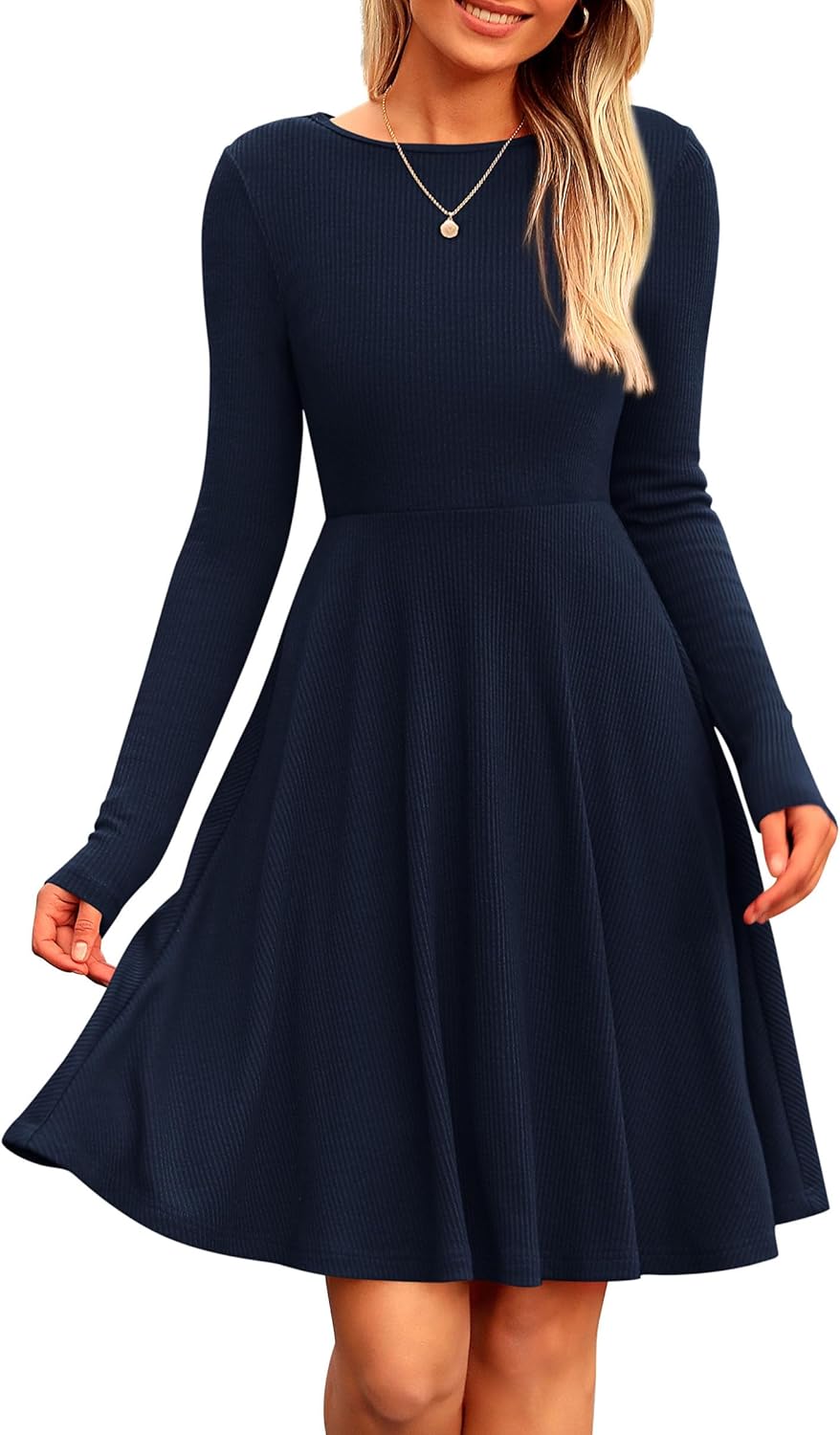 PRETTYGARDEN Women's Fall Short Dress Ribbed Knit Crewneck Long Sleeve A Line Flowy Casual Elegant Going Out Winter Dresses