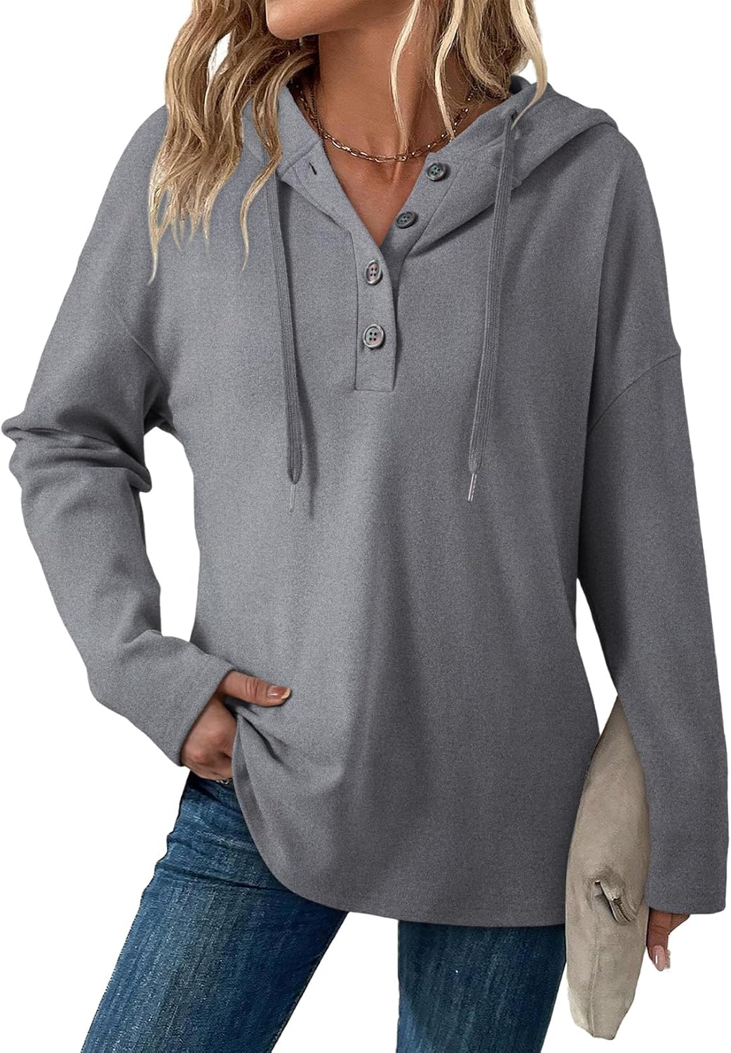 Dokotoo Hoodies for Women Long Sleeve Drawstring Button V Neck Fleece Casual Lightweight Pullover Sweatshirt Hooded Tops