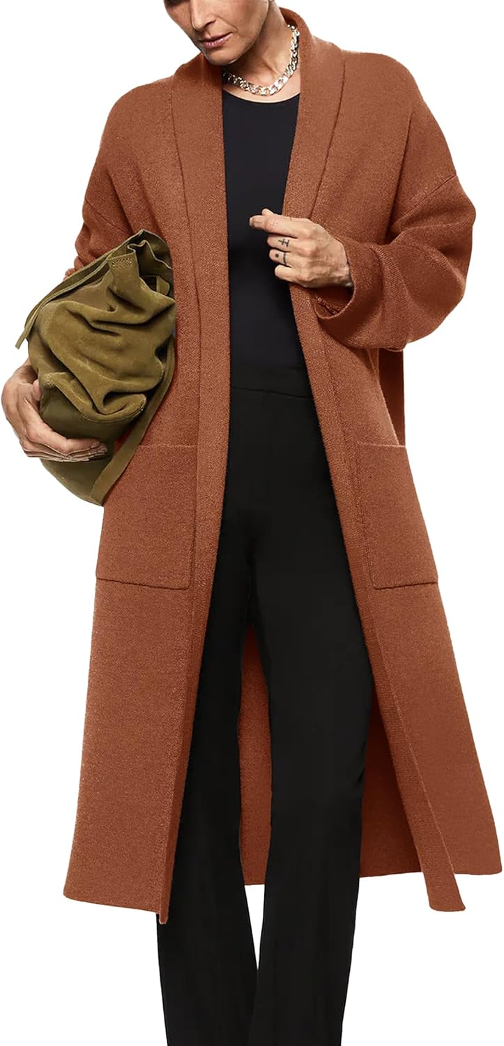 Womens Long Sleeve Maxi Cardigan Open Front Oversized Knitted Sweater Coat Casual Lapel Warm Overcoat with Pockets