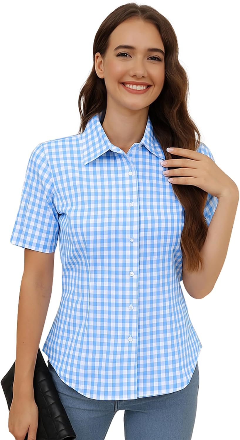 SUNNOW Womens Button Down Shirts Tailored Short Sleeve Shirt Basic Simple Stretch Wrinkle Free Formal Work Blouses