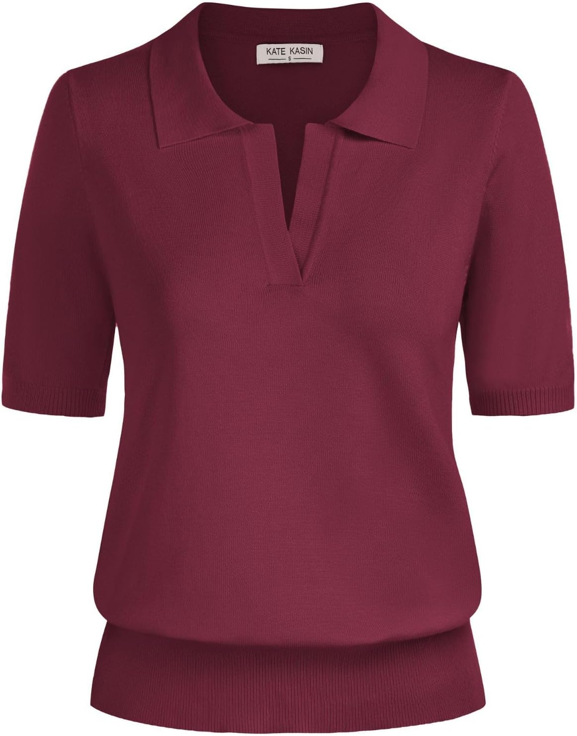 Kate Kasin Women Short Sleeve Polo Sweater V Neck Knitted Tops Casual Ribbed Shirt Loose Pullover Sweater