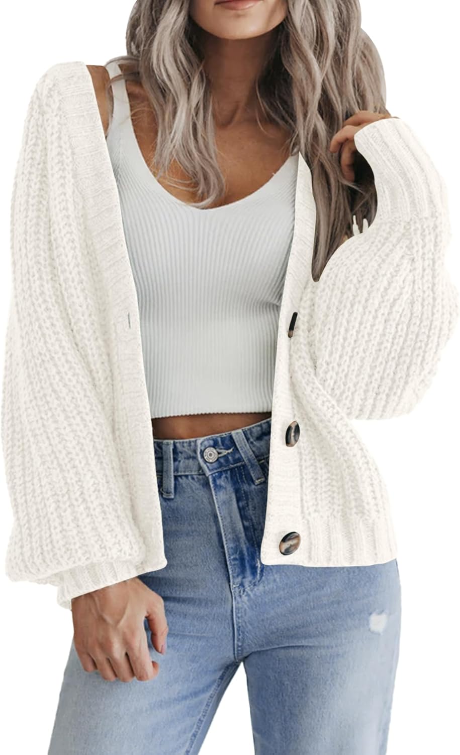 Zeagoo Women's 2025 Fall Chunky Knit Cardigans Open Front Long Sleeve V Neck Button Loose Cardigan Sweaters