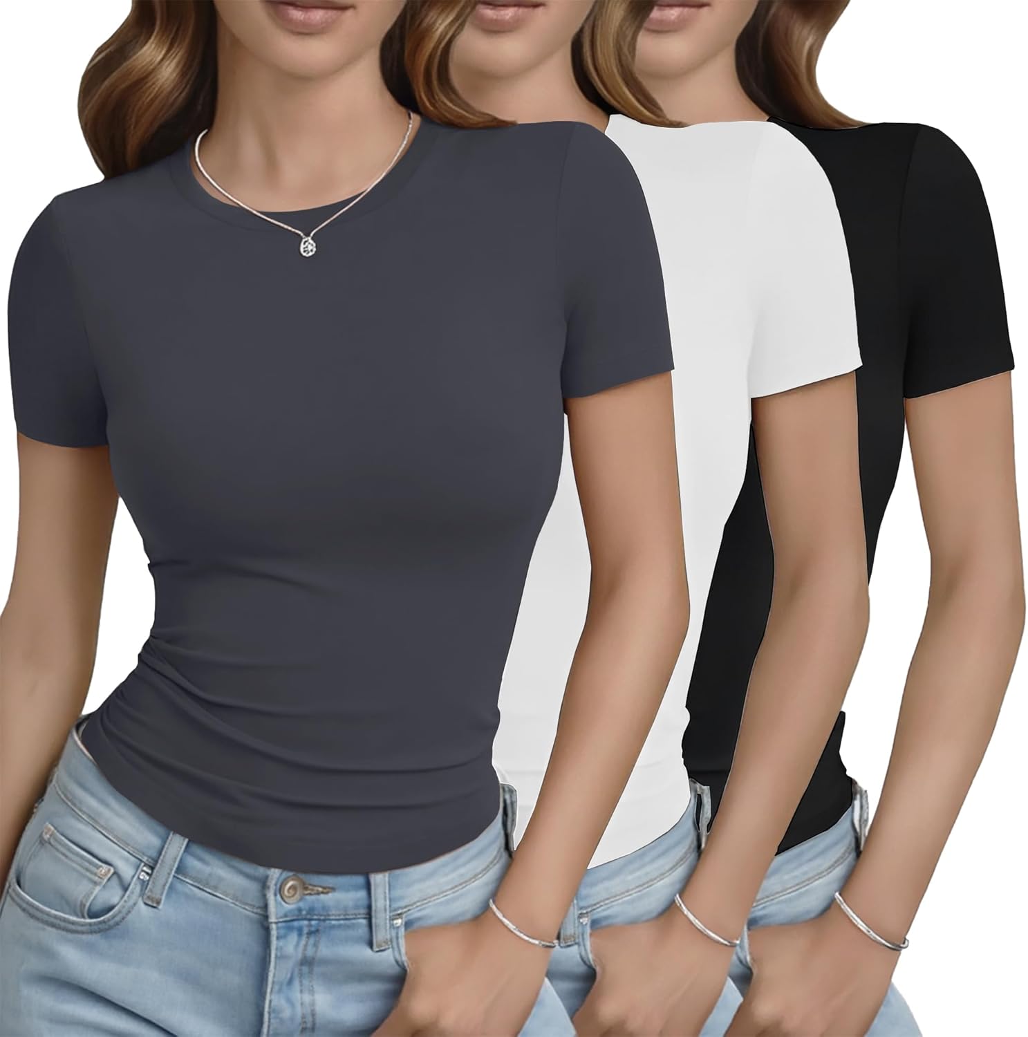 GAYHAY 3 Pack Basic Tees for Women - Crew Neck Slim Fit Tight T Shirts Cute Y2K Trendy Crop Tops Clothes for Casual Summer