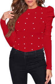 Remidoo Women's Solid Round Neck Puff Long Sleeve Slim Fit T Shirt Tops