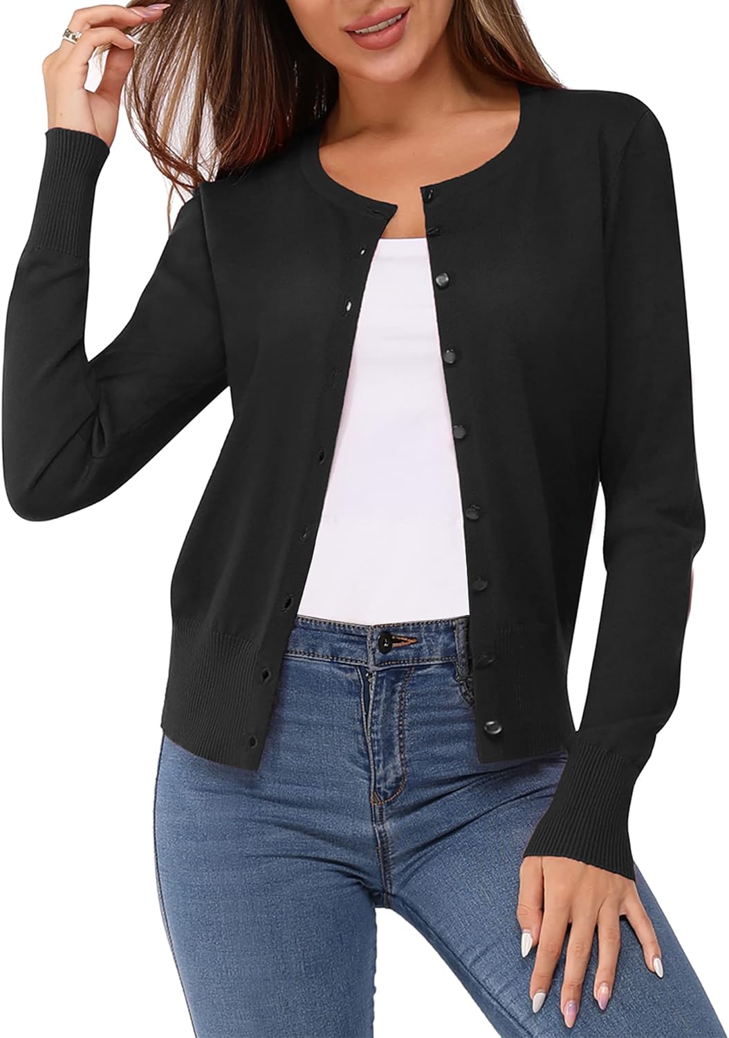 Newshows Women's Lightweight Button Down Cardigan Long Sleeve Casual Crew Neck Soft Knit Cardigans Sweater Tops