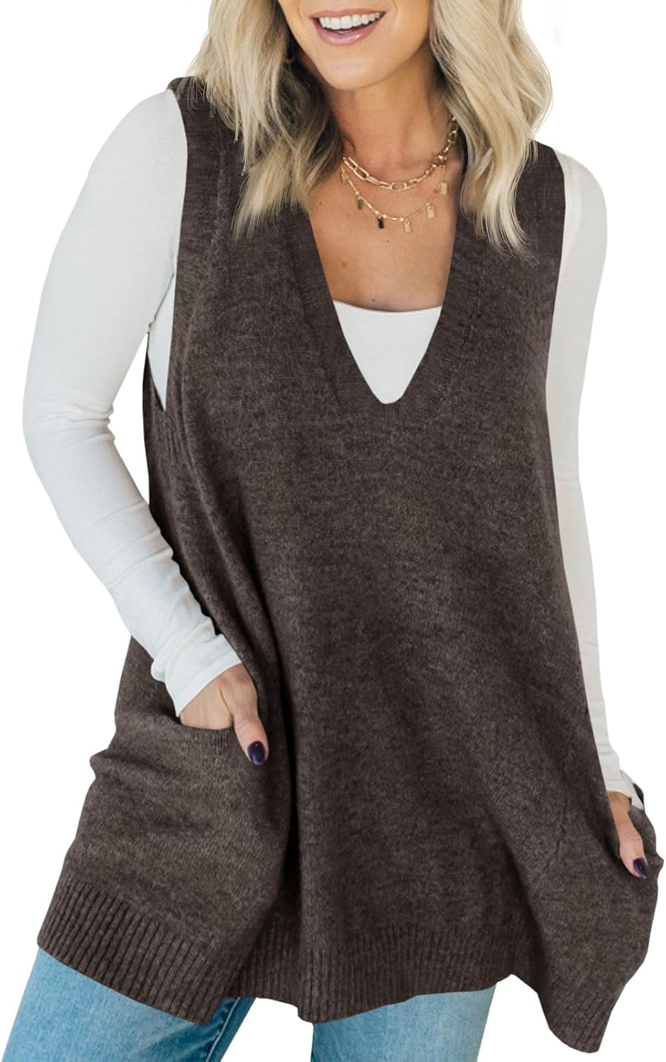 Saodimallsu Womens Sleeveless Sweater Vest V Neck Casual Loose Knit A Line Flattering Tunic Top with Pockets