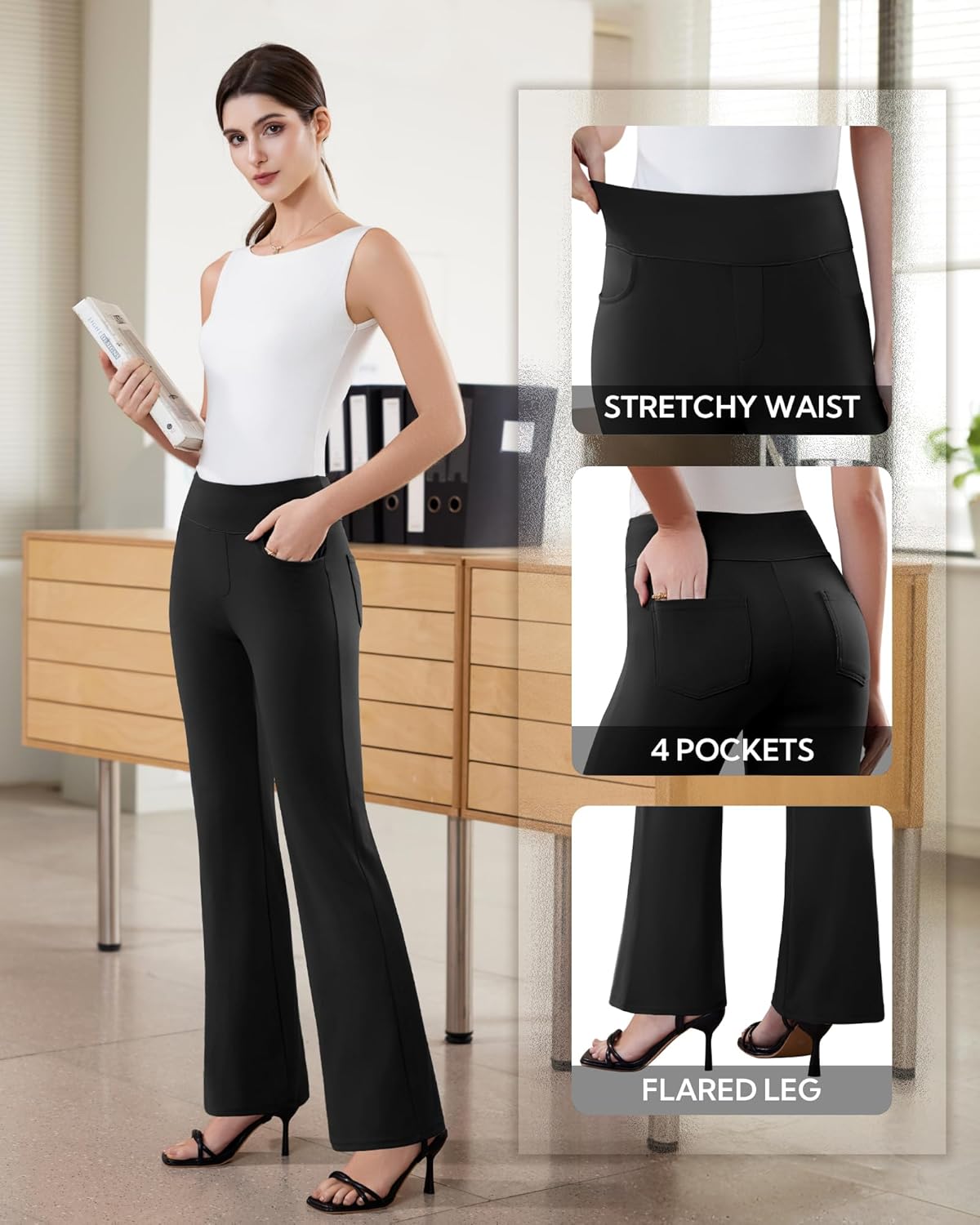 Womens Dress Pants Stretchy Work Pants Business Casual Office Trousers Pull On Flare Slacks with 4 Pockets
