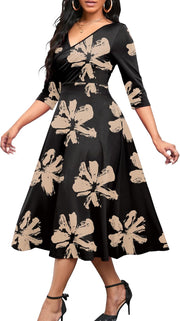 Nmoder Women's Casual Wrap Flared Midi Dress Wedding Guest Cocktail Tea Dresses A-Line Swing V-Neck 3/4 Sleeve