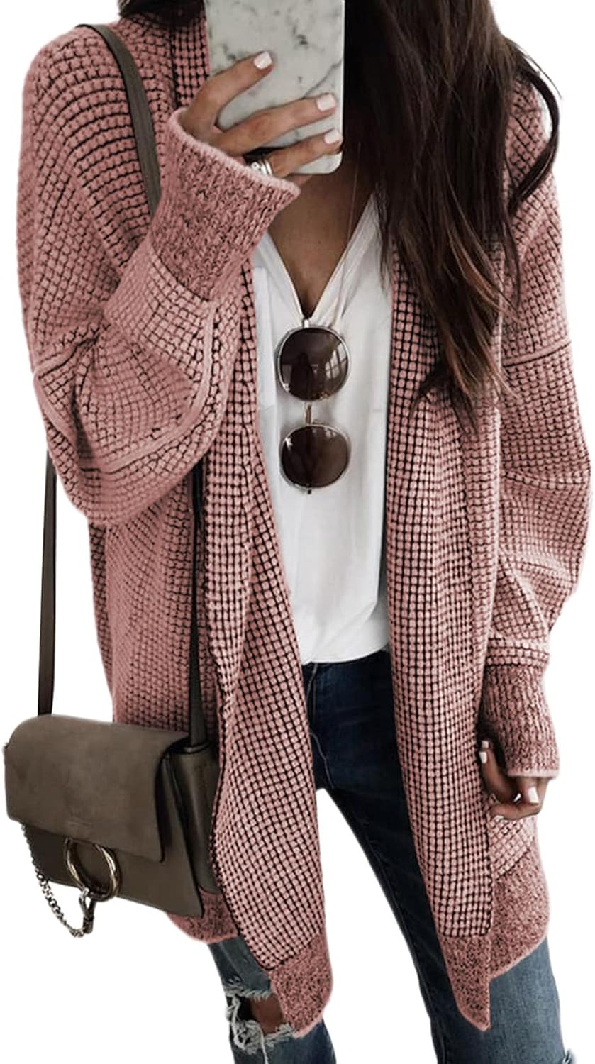 Sidefeel Womens 2025 Fall Outfits Long Sleeve Open Front Cardigan Sweaters Oversized Checkered Chunky Knit Sweaters Coat