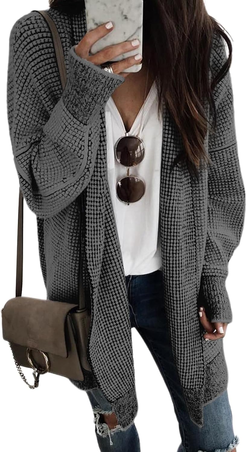 Sidefeel Womens 2025 Fall Outfits Long Sleeve Open Front Cardigan Sweaters Oversized Checkered Chunky Knit Sweaters Coat