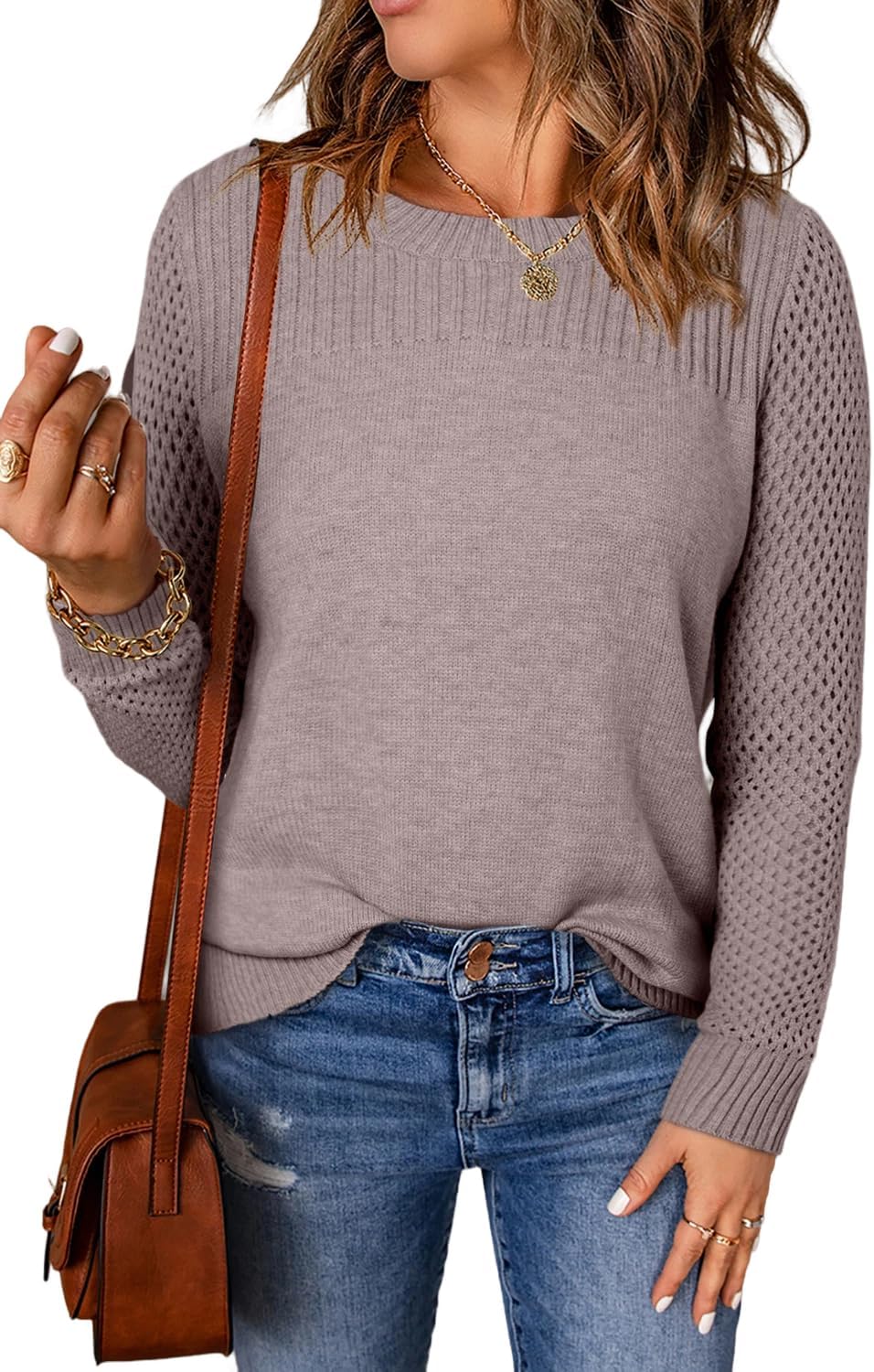 EVALESS Womens Sweaters Casual Long Sleeve Crewneck Cable Knit Lightweight Oversized Crochet Sweater Pullover Tops