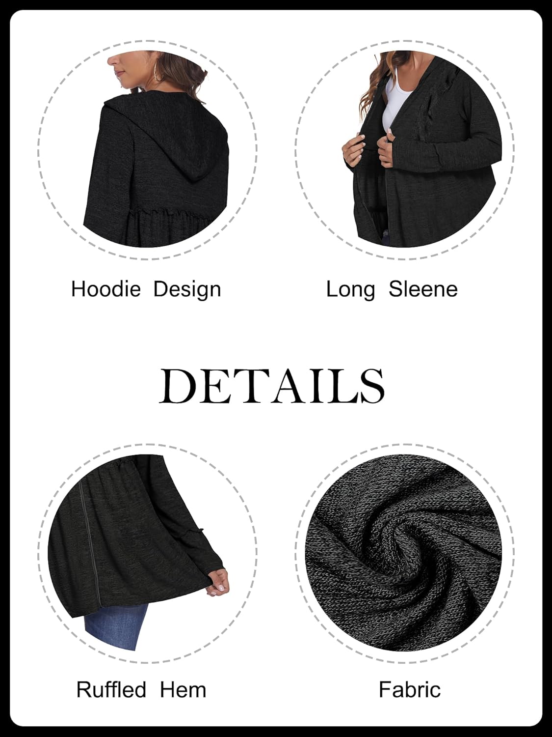 DEESHA Full Zip Up Hoodie for Women Pleated Tiered Ruffle Hooded Sweatshirts Jacket Coat Long Sleeve(Black, X-Large)