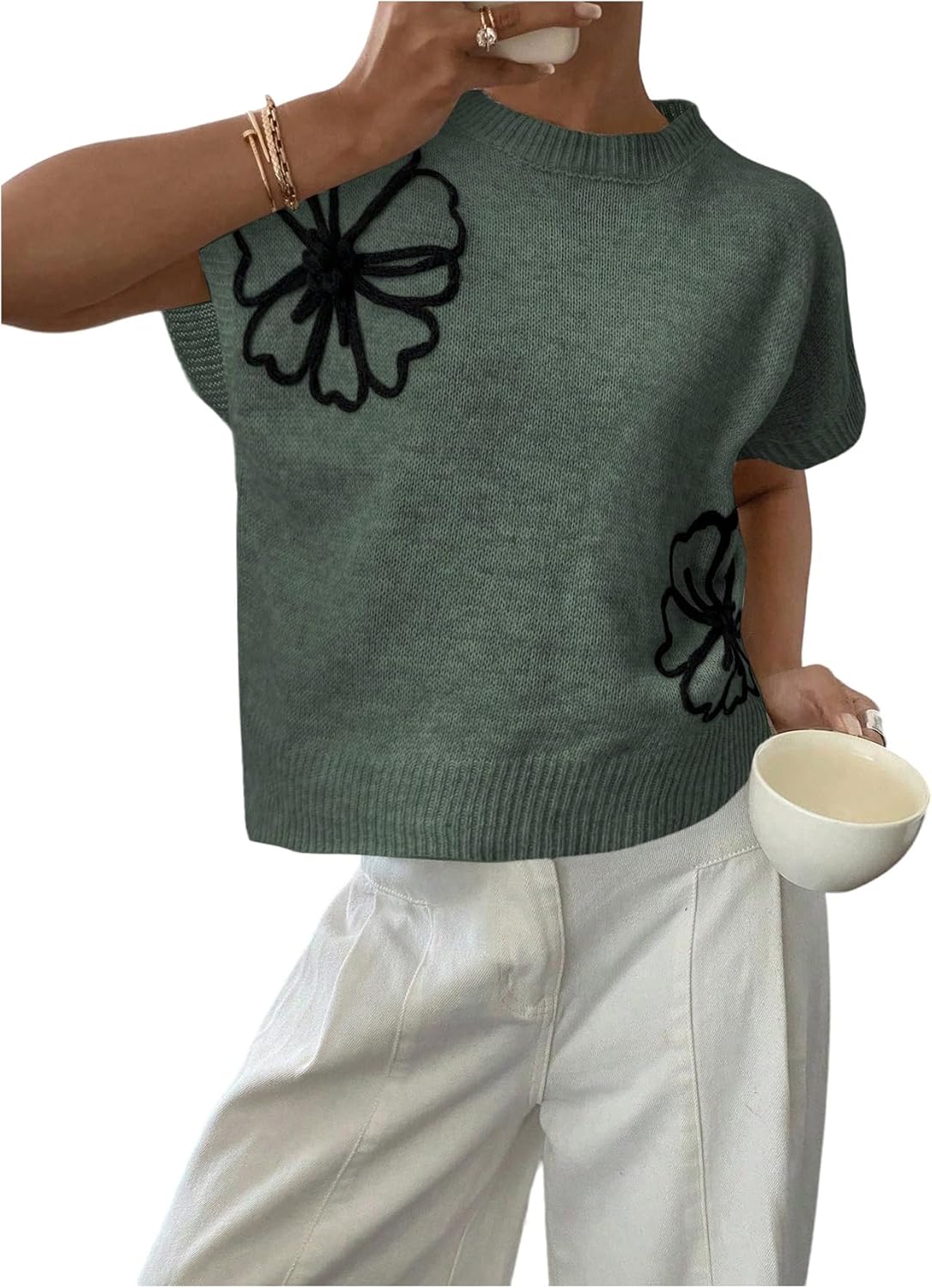 SOLY HUX Women's Ribbed Sweater Crew Neck Short Sleeve Loose Fit Floral Knit Pullover Tops