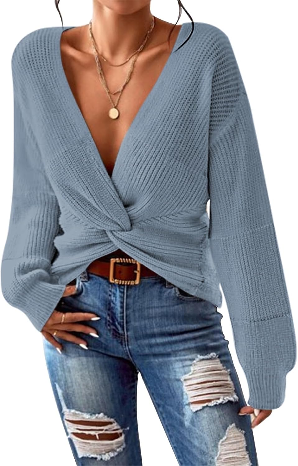 Pink Queen Women's 2025 Casual Pullover Sweaters Sexy V Neck Long Sleeve Twist Knot Cropped Knit Sweater Tops