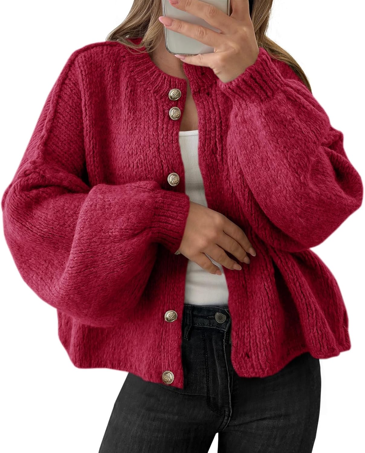 Saodimallsu Womens Oversized Cardigans Button Up Long Lantern Sleeve Chunky Knit Casual Soft Fall Sweater Coats