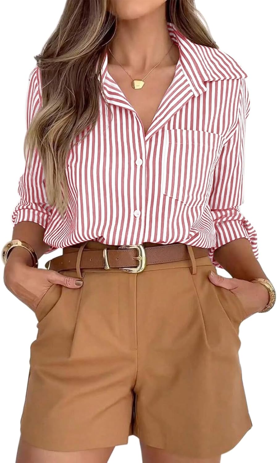 siliteelon Striped Button Down Shirts for Women Dress Shirts Long Sleeve Casual Collared Office Work Shirt with Pocket