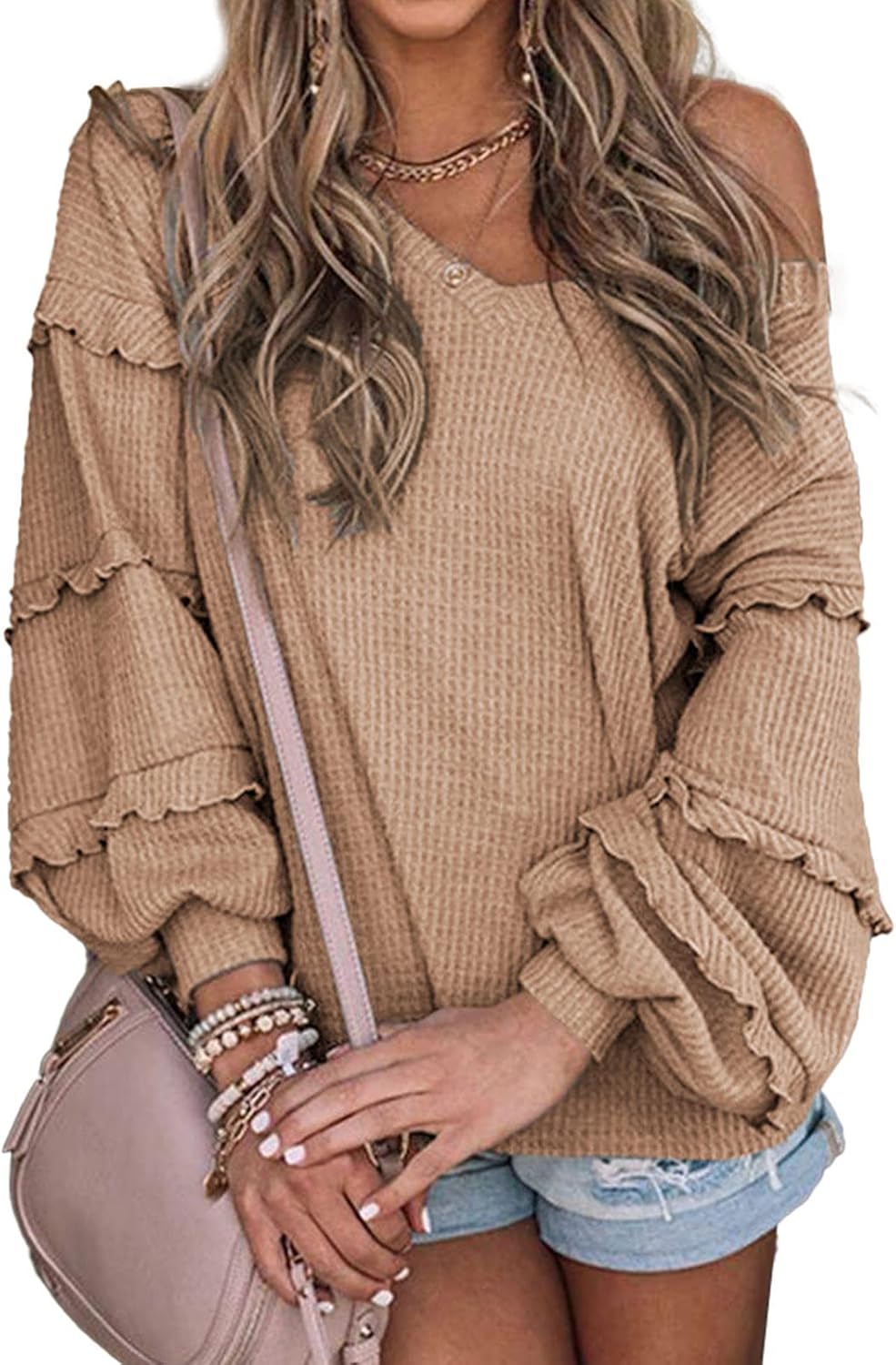 BTFBM Women's V Neck Long Sleeve Blouse Loose Fit Tunics Ruffles Off Shoulder Waffle Knit Solid Color Tops Fall Tee Shirts