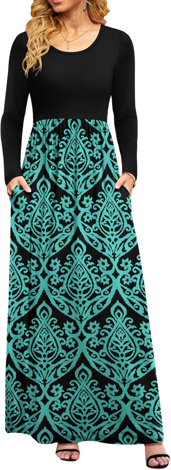 DB MOON Women Casual Long Sleeve Maxi Dresses Empire Waist Long Dress with Pockets
