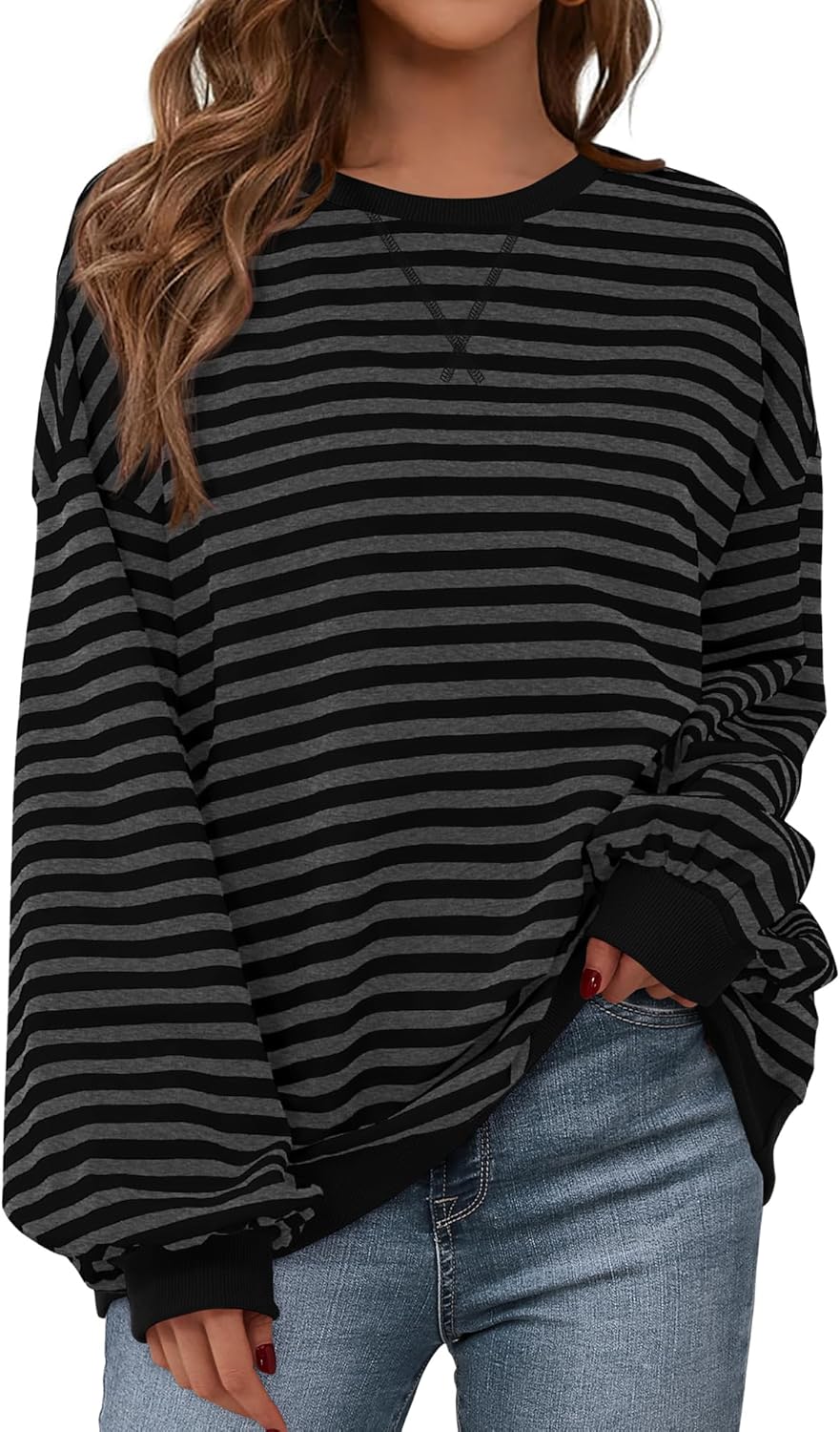 BTFBM Womens Oversized Striped Sweatshirt Crewneck Long Sleeve Pullover Top Casual Y2K Fall Clothes 2025 Workout Shirt