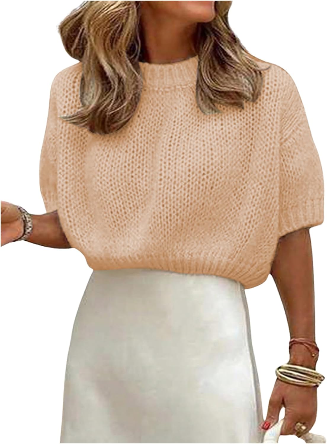 GORGLITTER Women's Puff Sleeve Crewneck Knit Shirt Top Short Sleeve Solid Loose Sweater