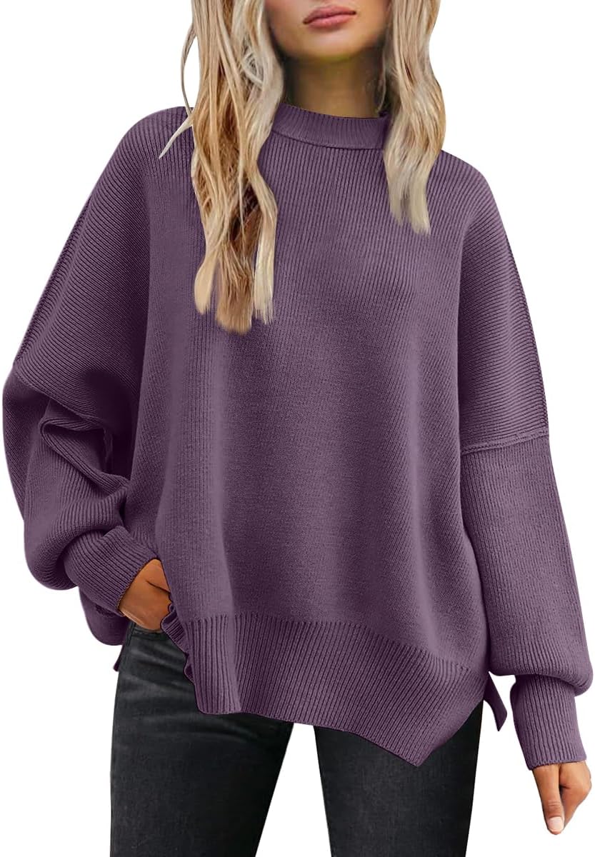 LILLUSORY Women's Oversized Batwing Sweaters 2025 Fall Outfits Trendy Crewneck Knit Side Slit Fashion Pullover Tops