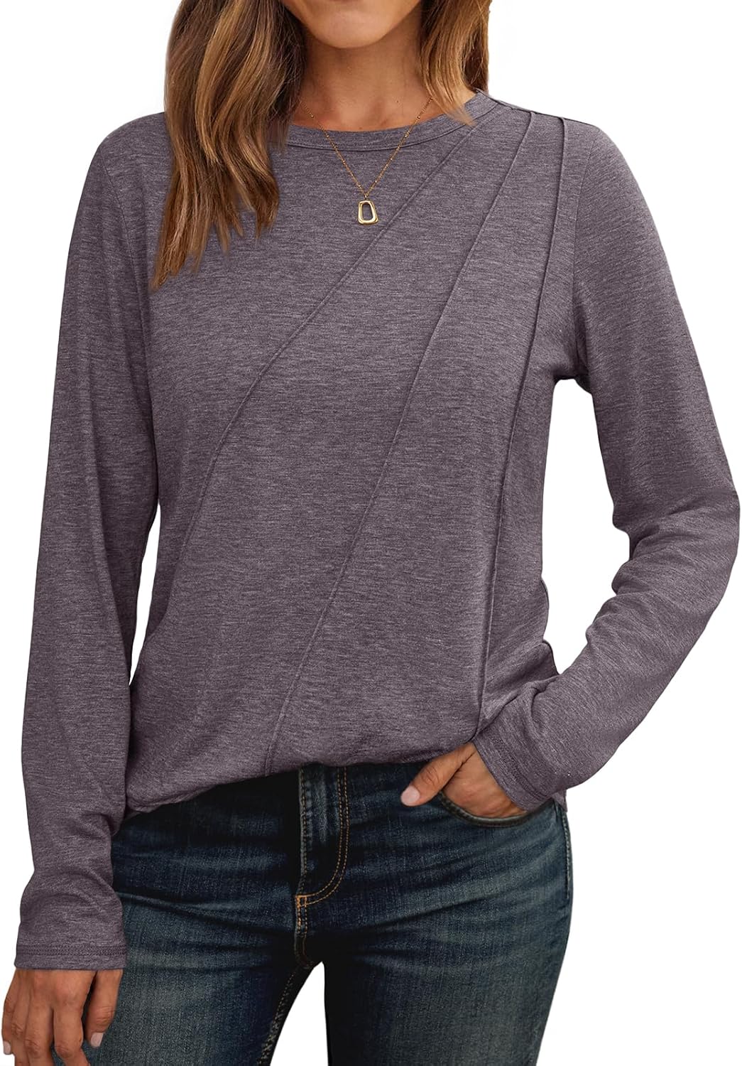 AUTOMET Womens Long Sleeve Shirts Pleated Crew Neck Casual Fall Fashion Tops Loose Fit Lightweight Girls Outfits Clothes