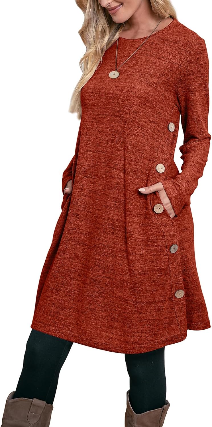 OFEEFAN Long Sleeve Dress for Women Crew Neck Tunic Dress with Pockets Buttons Side
