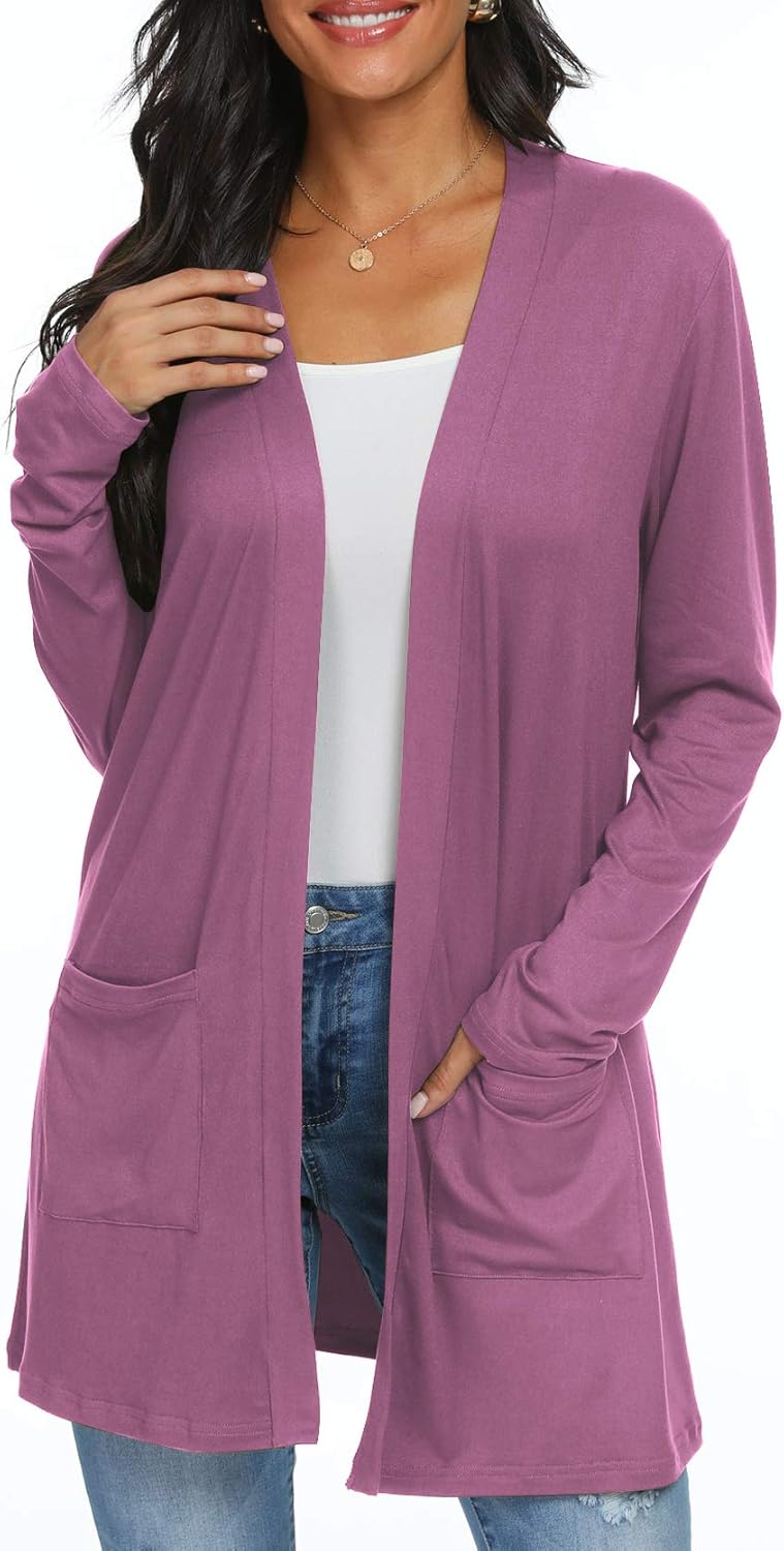 Womens Casual Lightweight with Pocketes Long Sleeve Open Front Cardigan