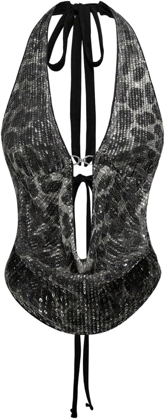 Verdusa Women's Cheetah Print Sequin Top Y2K Tie Back Corset Halter Going Out Crop Tops
