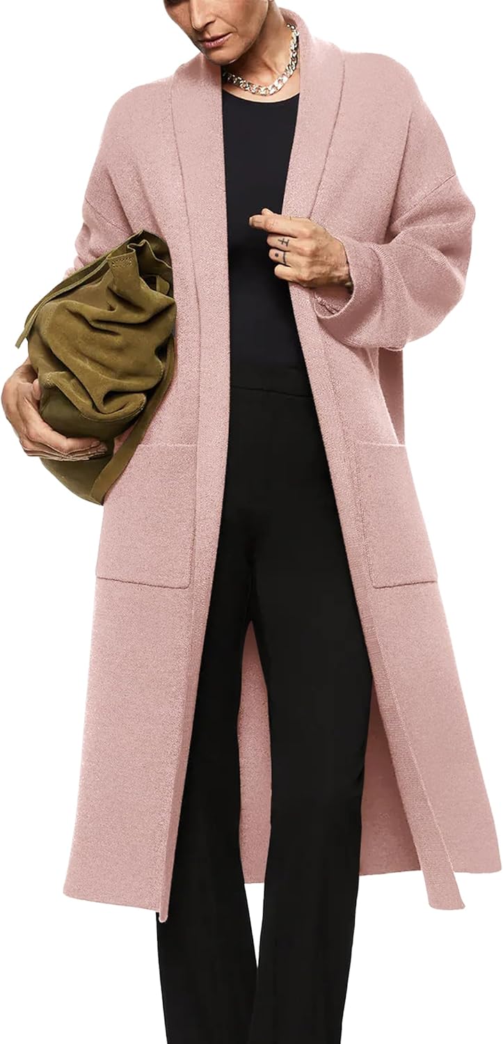Womens Long Sleeve Maxi Cardigan Open Front Oversized Knitted Sweater Coat Casual Lapel Warm Overcoat with Pockets