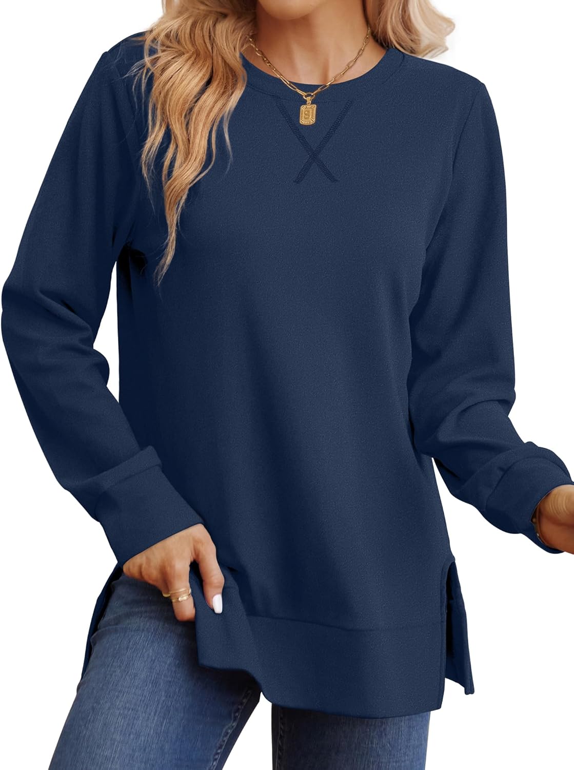 Saloogoe Sweatshirt for women Side Split Fall Fashion 2025 Long Sleeve Shirts Trending Now