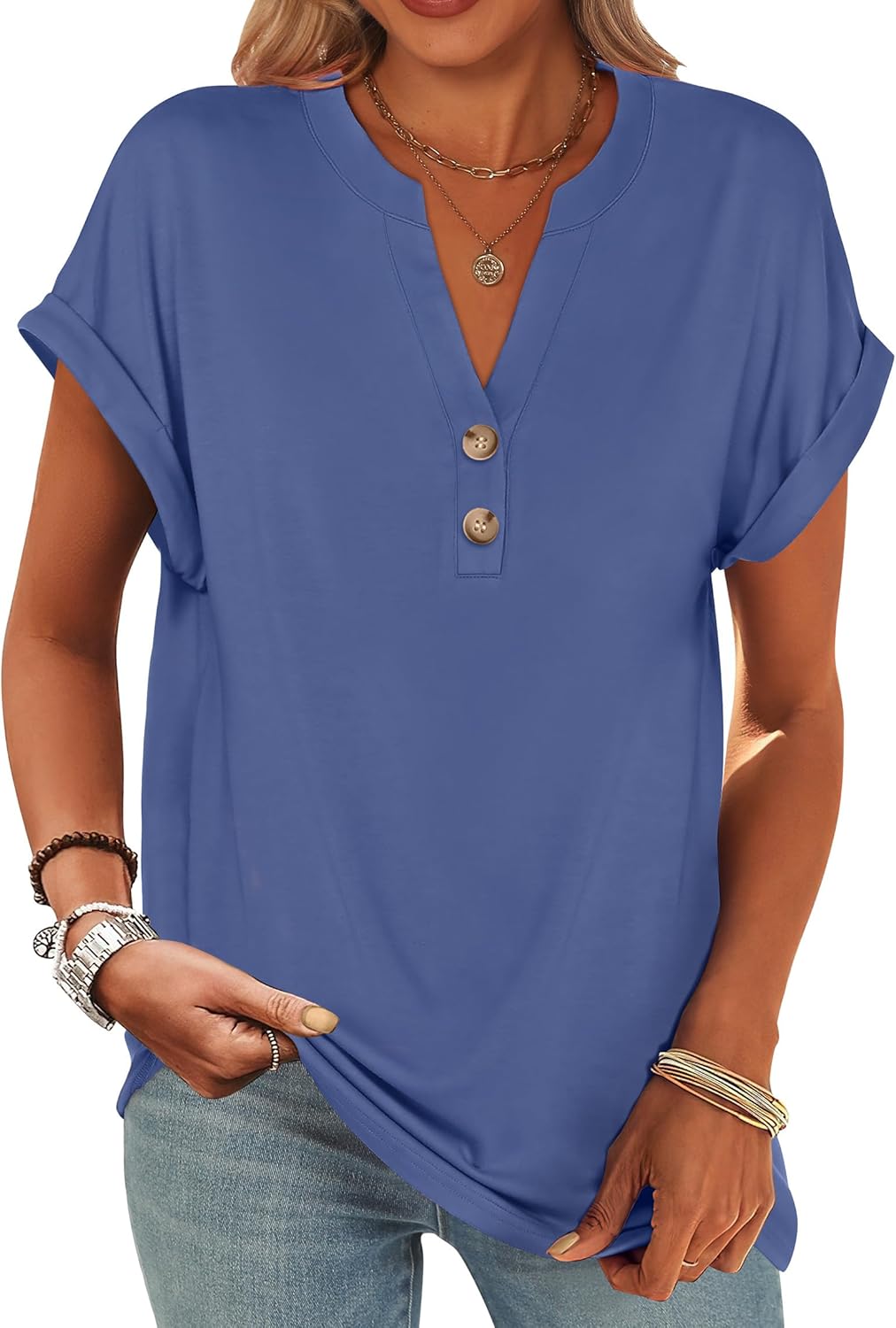 ANRABESS Womens Short Sleeve Henley Tops V Neck Dressy Casual Blouses Summer Trendy Tee Shirts 2025 Vacation Fashion Clothes