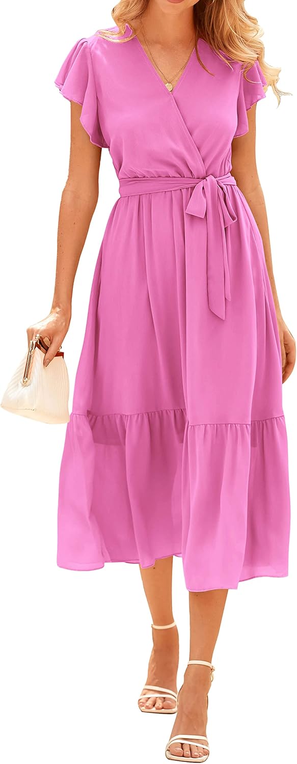 BTFBM Women Summer Bohemian Floral Casual Wrap V Neck Ruffle Cap Sleeveless Belt A-Line Pleated Hem Midi Sun Dress White