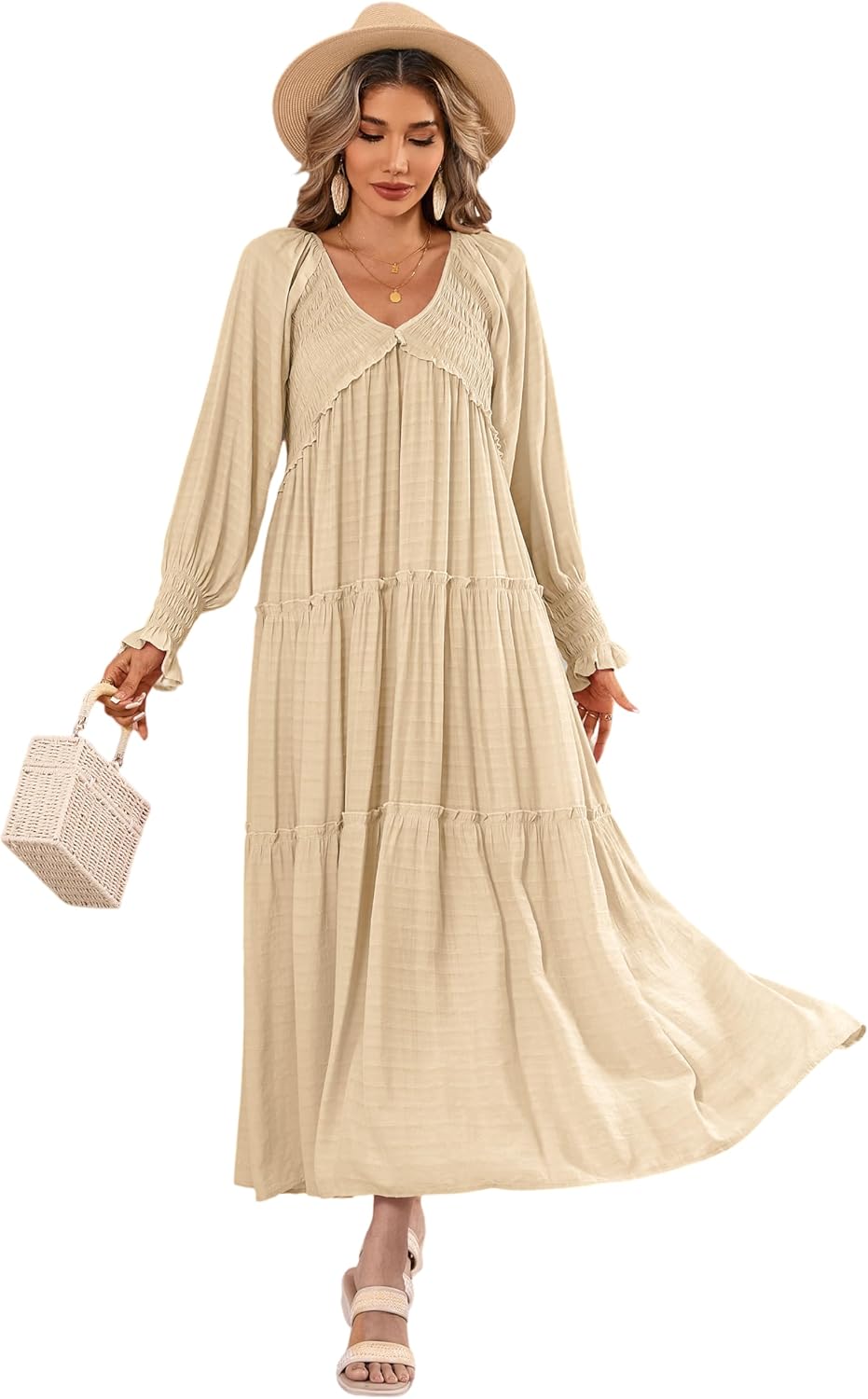 R.Vivimos Maxi Dress for Women Long Sleeve V Neck Empire Waist Layered Ruffle Boho Casual Flowy Long Dresses