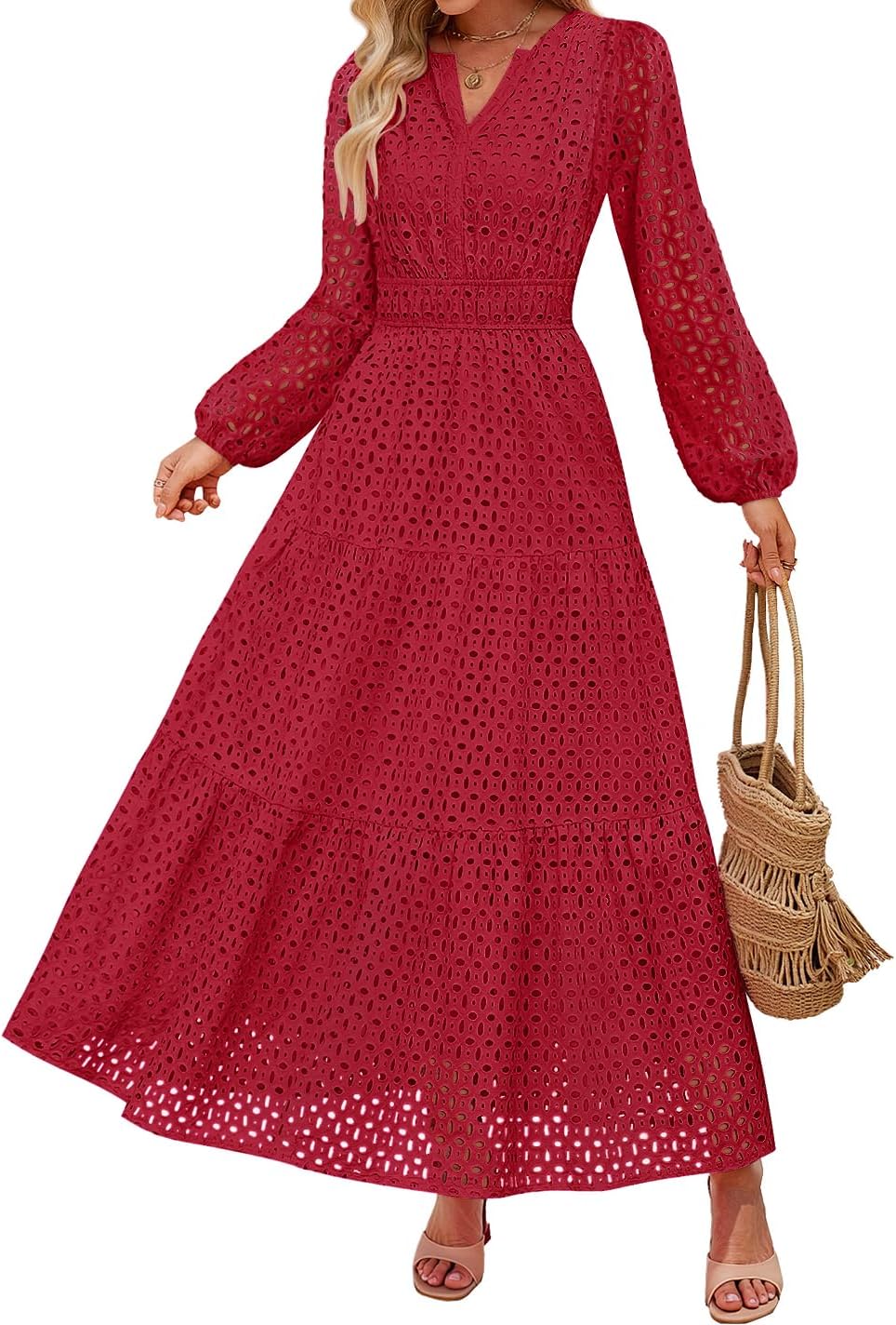 ZESICA Women's 2025 Fall Long Sleeve Maxi Dress V Neck Hollow Out Eyelet A Line Long Flowy Casual Party Dresses