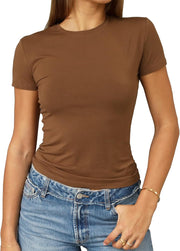Abardsion Women's Casual Basic Going Out Crop Tops Slim Fit Short Sleeve Crew Neck Tight T Shirts 2025