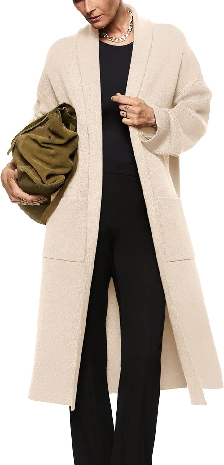 Womens Long Sleeve Maxi Cardigan Open Front Oversized Knitted Sweater Coat Casual Lapel Warm Overcoat with Pockets
