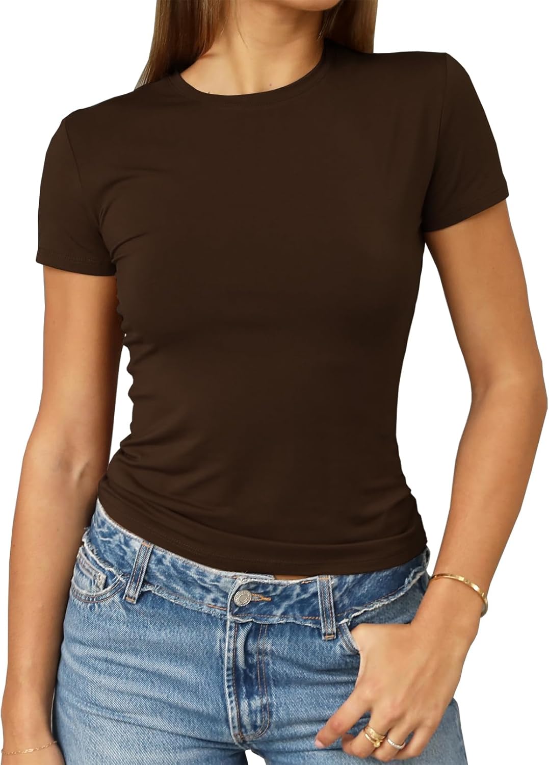 Abardsion Women's Casual Basic Going Out Crop Tops Slim Fit Short Sleeve Crew Neck Tight T Shirts 2025