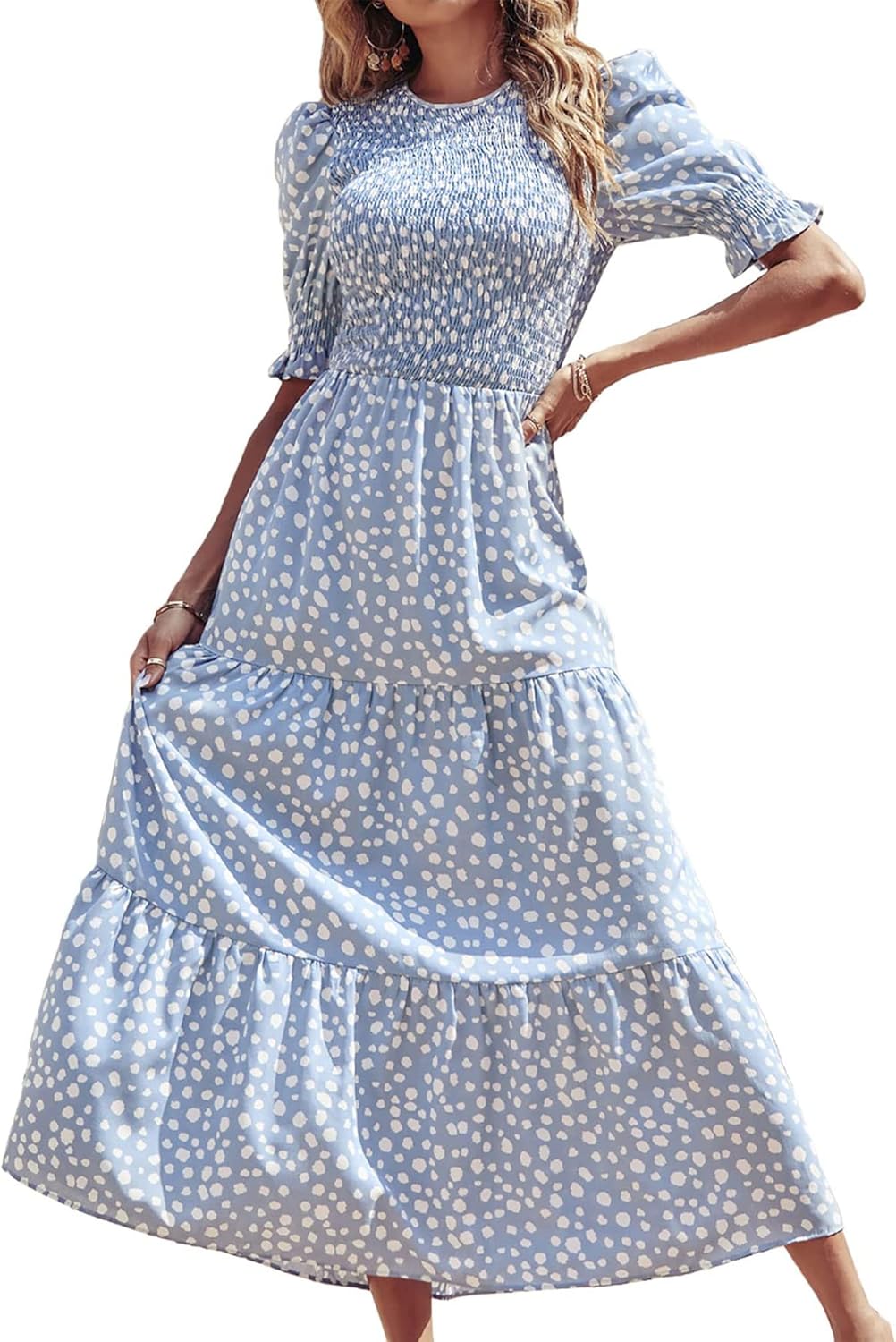 BTFBM Women Casual Summer Dresses 2025 Spring Crew Neck Ruffle Short Sleeve Floral Print Smocked Boho Flowy Maxi Dress