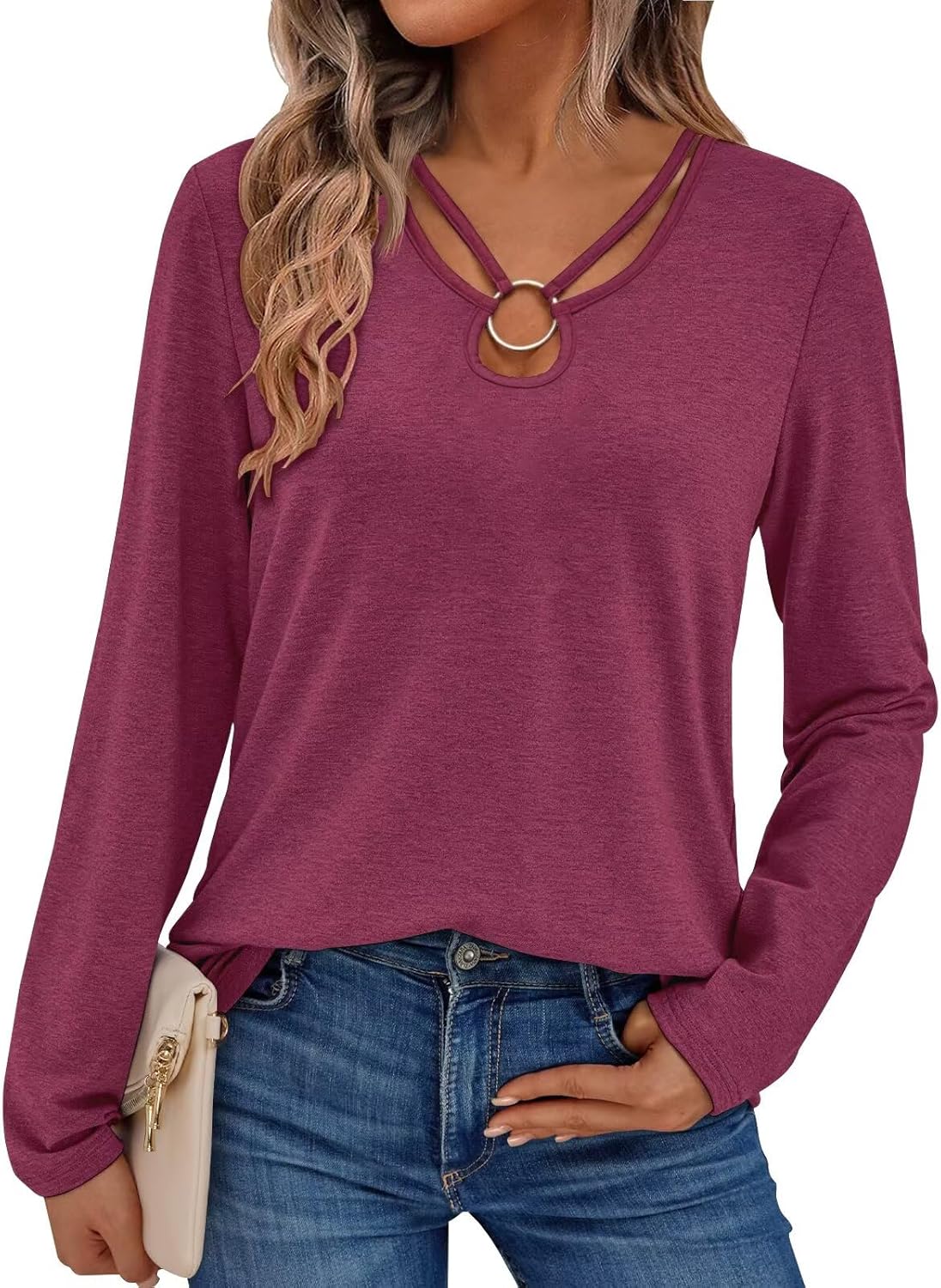 Women's Long Sleeve Tops Keyhole Neck Detail Crew Neck Shirts Ring Cut Out Design Stretchy Tees 2025