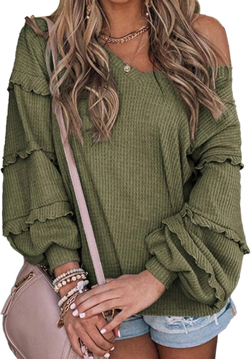 BTFBM Women's V Neck Long Sleeve Blouse Loose Fit Tunics Ruffles Off Shoulder Waffle Knit Solid Color Tops Fall Tee Shirts